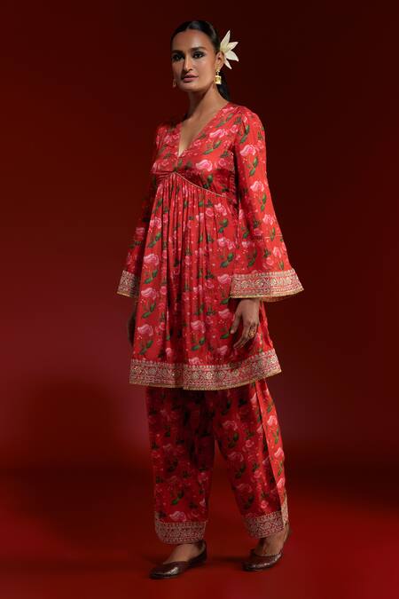 Masaba Red Silk Embroidery V-neck Rain Lily Print Gathered Kurta And Salwar Set Online at Aza Fashions Masaba_Red Silk Embroidery V-neck Rain Lily Print Gathered Kurta And Salwar Set_Online_at_Aza_Fashions