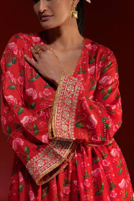 Shop Masaba Red Silk Embroidery V-neck Rain Lily Print Gathered Kurta And Salwar Set Online at Aza Fashions Shop_Masaba_Red Silk Embroidery V-neck Rain Lily Print Gathered Kurta And Salwar Set_Online_at_Aza_Fashions