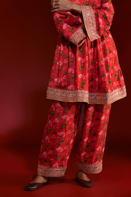 Masaba Red Silk Embroidery V-neck Rain Lily Print Gathered Kurta And Salwar Set at Aza Fashions Masaba_Red Silk Embroidery V-neck Rain Lily Print Gathered Kurta And Salwar Set_at_Aza_Fashions