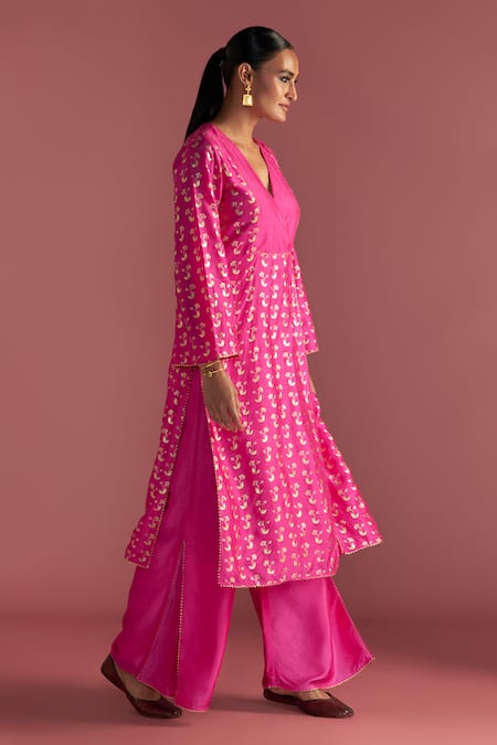 Buy_Masaba_Magenta Raw Silk Foil Printed Springbud V Neck Kurta And Culotte Set_Online_at_Aza_Fashions