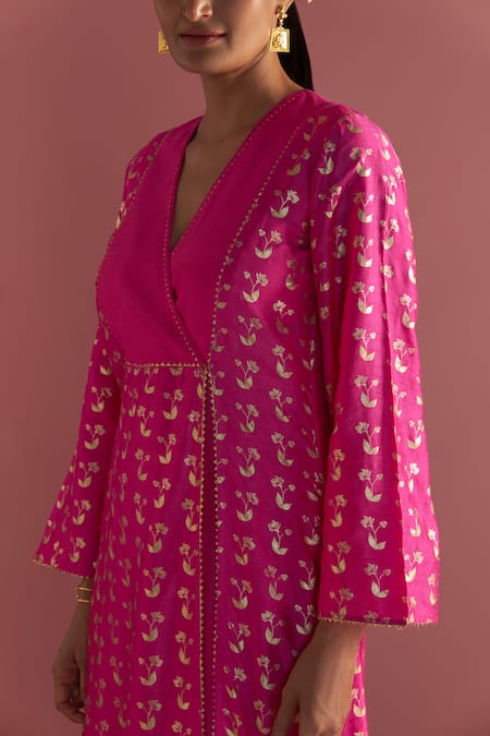 Shop_Masaba_Magenta Raw Silk Foil Printed Springbud V Neck Kurta And Culotte Set_Online_at_Aza_Fashions