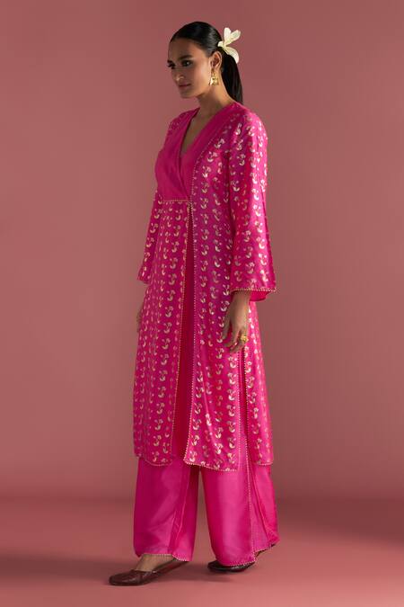 Masaba_Magenta Raw Silk Foil Printed Springbud V Neck Kurta And Culotte Set_at_Aza_Fashions