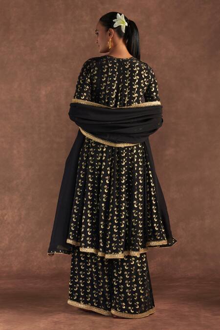 Shop_Masaba_Black Crepe, Silk, Organza Embroidery, Foil Springbud Anarkali Culotte Set_at_Aza_Fashions