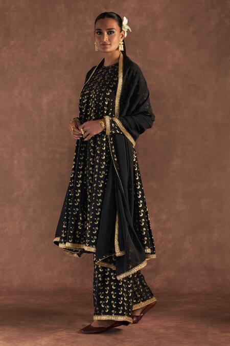 Masaba_Black Crepe, Silk, Organza Embroidery, Foil Springbud Anarkali Culotte Set_Online_at_Aza_Fashions