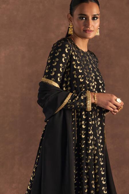 Buy_Masaba_Black Crepe, Silk, Organza Embroidery, Foil Springbud Anarkali Culotte Set_Online_at_Aza_Fashions