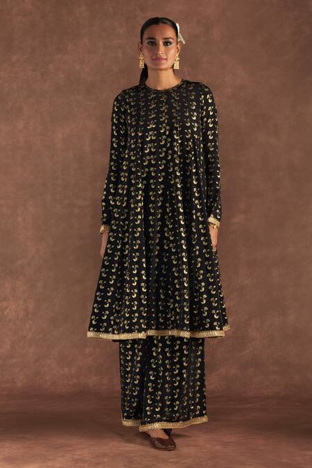 Shop_Masaba_Black Crepe, Silk, Organza Embroidery, Foil Springbud Anarkali Culotte Set_Online_at_Aza_Fashions