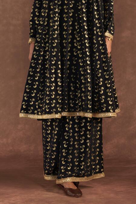 Masaba_Black Crepe, Silk, Organza Embroidery, Foil Springbud Anarkali Culotte Set_at_Aza_Fashions