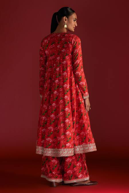 Shop_Masaba_Red Organza, Silk Embroidery Round Neck Rain Lily Print Anarkali Culotte Set_at_Aza_Fashions