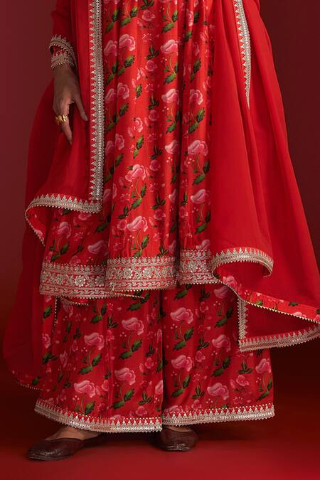 Masaba_Red Organza, Silk Embroidery Round Neck Rain Lily Print Anarkali Culotte Set_Online_at_Aza_Fashions