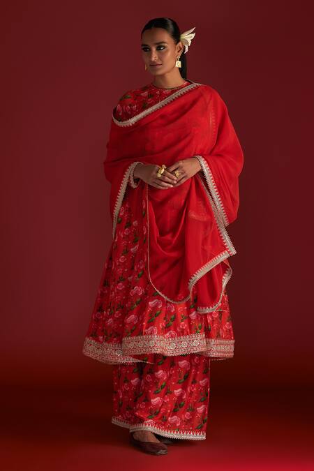 Buy_Masaba_Red Organza, Silk Embroidery Round Neck Rain Lily Print Anarkali Culotte Set_Online_at_Aza_Fashions