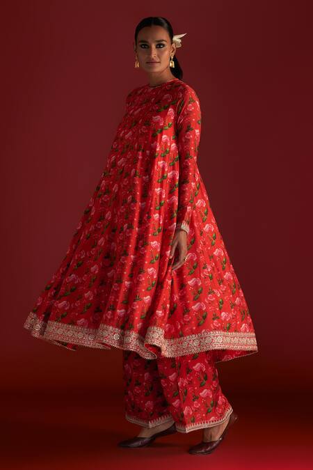 Shop_Masaba_Red Organza, Silk Embroidery Round Neck Rain Lily Print Anarkali Culotte Set_Online_at_Aza_Fashions