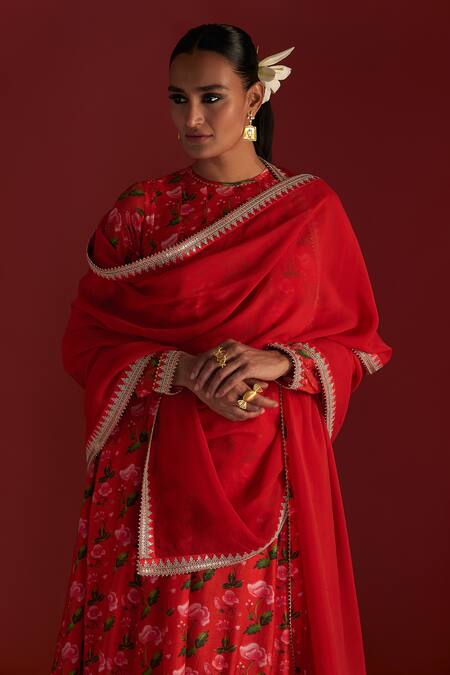 Masaba_Red Organza, Silk Embroidery Round Neck Rain Lily Print Anarkali Culotte Set_at_Aza_Fashions