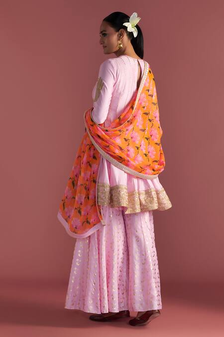 Shop_Masaba_Pink Silk, Organza Embroidery, Sequins Round Neck Springbud Print Sharara Set_at_Aza_Fashions