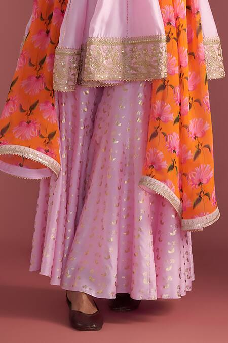 Masaba_Pink Silk, Organza Embroidery, Sequins Round Neck Springbud Print Sharara Set_Online_at_Aza_Fashions