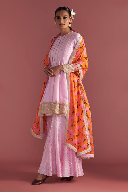 Buy_Masaba_Pink Silk, Organza Embroidery, Sequins Round Neck Springbud Print Sharara Set_Online_at_Aza_Fashions