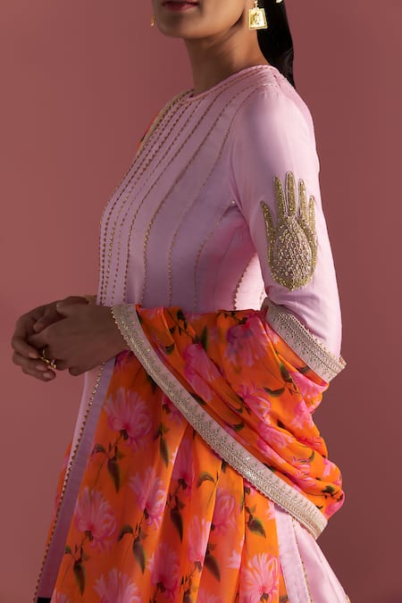 Shop_Masaba_Pink Silk, Organza Embroidery, Sequins Round Neck Springbud Print Sharara Set_Online_at_Aza_Fashions