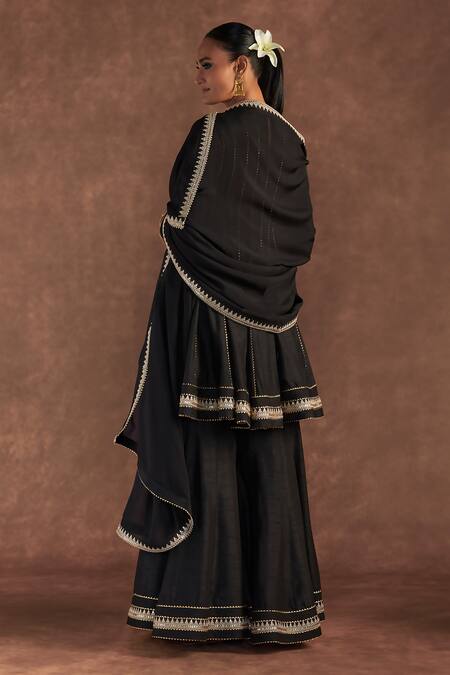 Shop_Masaba_Black Organza, Silk Embroidery, Zari Round Neck Raw Anarkali Sharara Set_at_Aza_Fashions