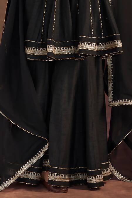 Masaba_Black Organza, Silk Embroidery, Zari Round Neck Raw Anarkali Sharara Set_Online_at_Aza_Fashions