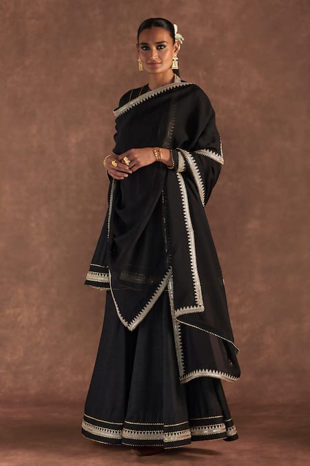 Buy_Masaba_Black Organza, Silk Embroidery, Zari Round Neck Raw Anarkali Sharara Set_Online_at_Aza_Fashions