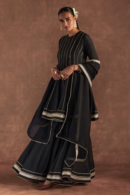 Shop_Masaba_Black Organza, Silk Embroidery, Zari Round Neck Raw Anarkali Sharara Set_Online_at_Aza_Fashions