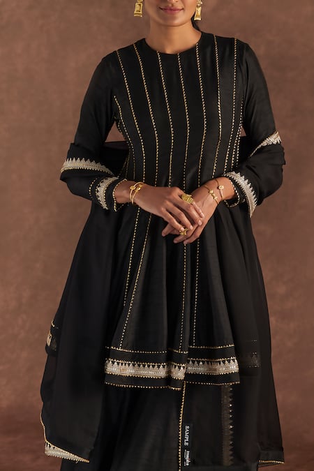 Masaba_Black Organza, Silk Embroidery, Zari Round Neck Raw Anarkali Sharara Set_at_Aza_Fashions