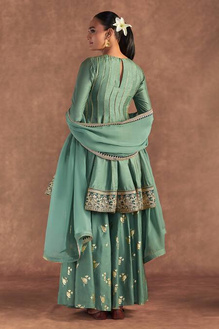 Shop_Masaba_Green Organza, Silk Embroidery, Foil Printing Round Neck Irisbud Sharara Set_at_Aza_Fashions