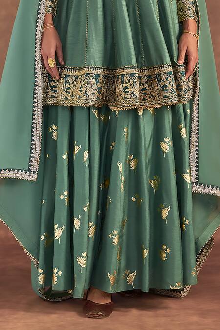 Masaba_Green Organza, Silk Embroidery, Foil Printing Round Neck Irisbud Sharara Set_Online_at_Aza_Fashions