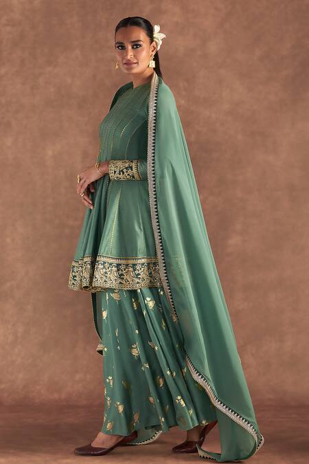 Buy_Masaba_Green Organza, Silk Embroidery, Foil Printing Round Neck Irisbud Sharara Set_Online_at_Aza_Fashions