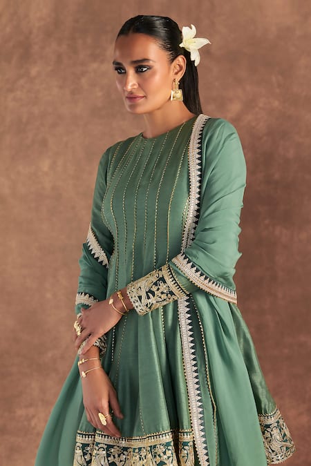 Shop_Masaba_Green Organza, Silk Embroidery, Foil Printing Round Neck Irisbud Sharara Set_Online_at_Aza_Fashions