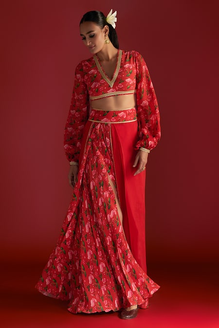 Masaba Red Crepe Silk Digital Printed Rain Lily And Kinari V Bustier & Layered Skirt Set