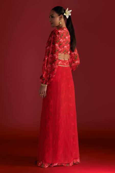 Shop Masaba Red Crepe Silk Digital Printed Rain Lily And Kinari V Bustier & Layered Skirt Set at Aza Fashions Shop_Masaba_Red Crepe Silk Digital Printed Rain Lily And Kinari V Bustier & Layered Skirt Set_at_Aza_Fashions