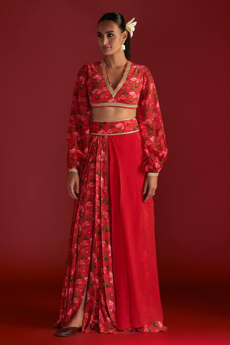 Masaba Red Crepe Silk Digital Printed Rain Lily And Kinari V Bustier & Layered Skirt Set Online at Aza Fashions Masaba_Red Crepe Silk Digital Printed Rain Lily And Kinari V Bustier & Layered Skirt Set_Online_at_Aza_Fashions