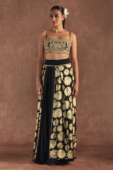 Masaba Black Bustier- Crepe Silk Foil Printed Berrybloom Embroidered And Skirt Set 