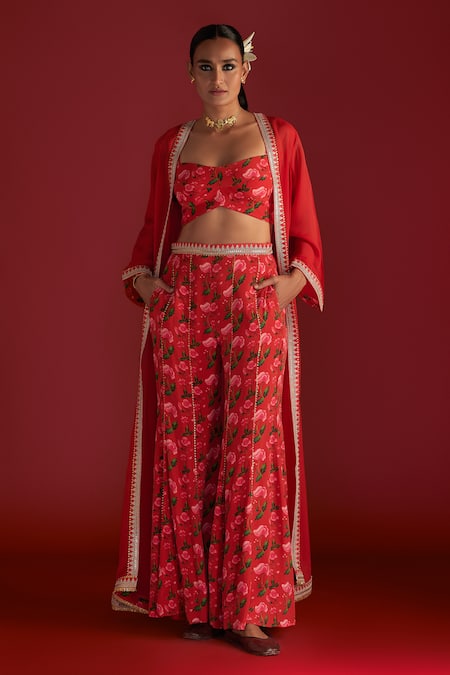 Masaba Red Bustier And Pant- Crepe Silk Digital Printed Rain Lily & Kali Set With Cape 