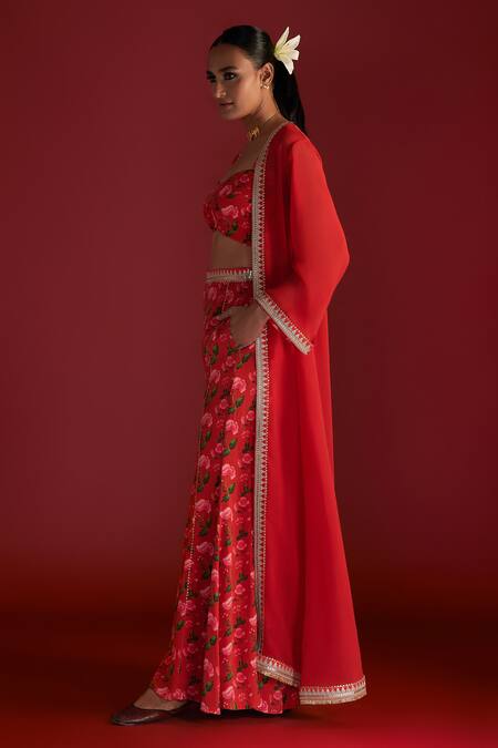 Masaba Red Crepe, Silk Zari Sweetheart Neck Rain Lily Print Kali Pant Set With Cape Online at Aza Fashions Masaba_Red Crepe, Silk Zari Sweetheart Neck Rain Lily Print Kali Pant Set With Cape_Online_at_Aza_Fashions