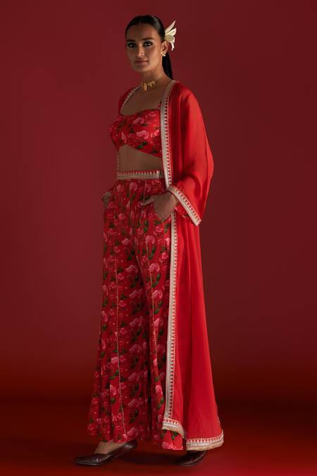 Buy Masaba Red Crepe, Silk Zari Sweetheart Neck Rain Lily Print Kali Pant Set With Cape Online at Aza Fashions Buy_Masaba_Red Crepe, Silk Zari Sweetheart Neck Rain Lily Print Kali Pant Set With Cape_Online_at_Aza_Fashions