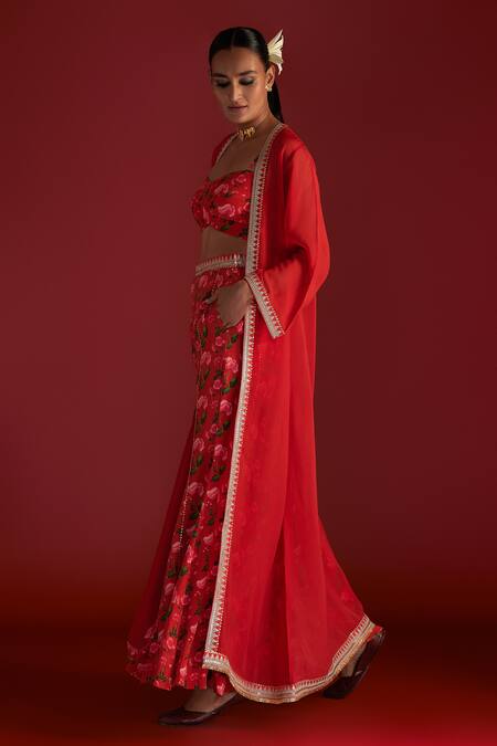 Shop Masaba Red Crepe, Silk Zari Sweetheart Neck Rain Lily Print Kali Pant Set With Cape Online at Aza Fashions Shop_Masaba_Red Crepe, Silk Zari Sweetheart Neck Rain Lily Print Kali Pant Set With Cape_Online_at_Aza_Fashions