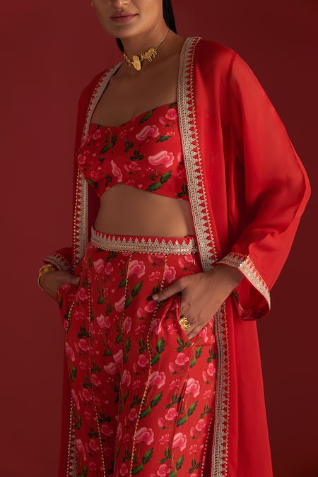 Masaba Red Crepe, Silk Zari Sweetheart Neck Rain Lily Print Kali Pant Set With Cape at Aza Fashions Masaba_Red Crepe, Silk Zari Sweetheart Neck Rain Lily Print Kali Pant Set With Cape_at_Aza_Fashions