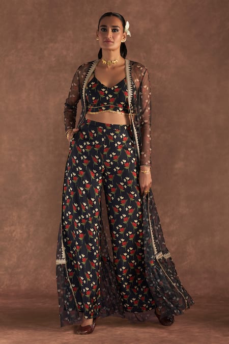 Masaba Black Bustier And Pant- Raw Silk Digital Printed Floral Flared & Cape Set
