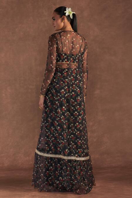 Shop Masaba Black Silk Embroidery V-neck Irisbud Floral Print Flared Pant And Cape Set at Aza Fashions Shop_Masaba_Black Silk Embroidery V-neck Irisbud Floral Print Flared Pant And Cape Set_at_Aza_Fashions
