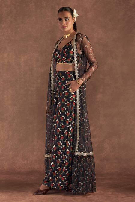 Buy Masaba Black Silk Embroidery V-neck Irisbud Floral Print Flared Pant And Cape Set Online at Aza Fashions Buy_Masaba_Black Silk Embroidery V-neck Irisbud Floral Print Flared Pant And Cape Set_Online_at_Aza_Fashions