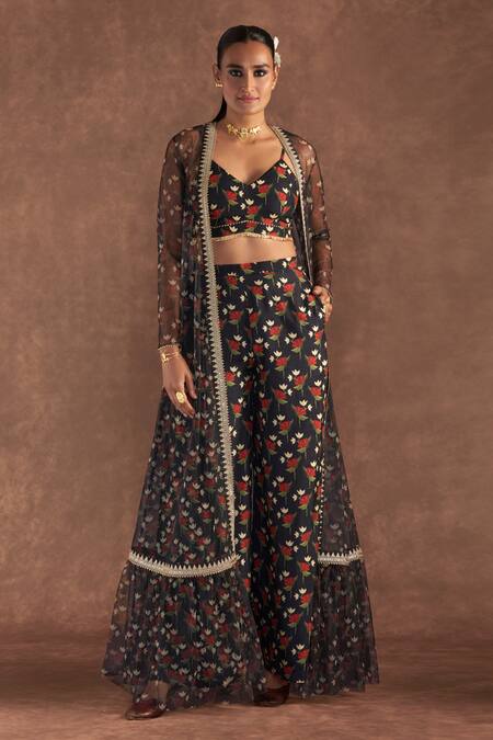 Shop Masaba Black Silk Embroidery V-neck Irisbud Floral Print Flared Pant And Cape Set Online at Aza Fashions Shop_Masaba_Black Silk Embroidery V-neck Irisbud Floral Print Flared Pant And Cape Set_Online_at_Aza_Fashions
