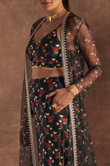 Masaba Black Silk Embroidery V-neck Irisbud Floral Print Flared Pant And Cape Set at Aza Fashions Masaba_Black Silk Embroidery V-neck Irisbud Floral Print Flared Pant And Cape Set_at_Aza_Fashions