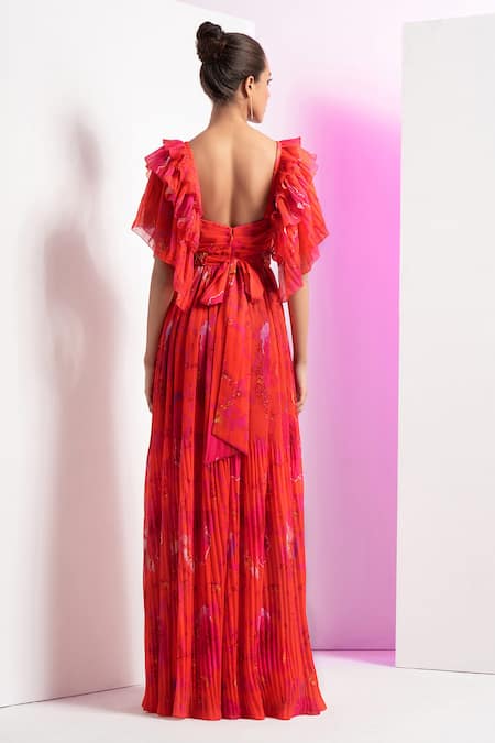 Mandira Wirk Resort_Red Georgette Beads Sweetheart Neck Floral Print High Slit Dress _Online_at_Aza_Fashions