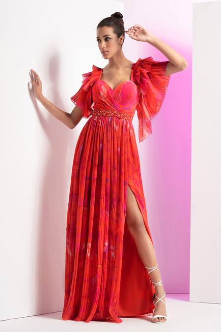 Buy_Mandira Wirk Resort_Red Georgette Beads Sweetheart Neck Floral Print High Slit Dress _Online_at_Aza_Fashions