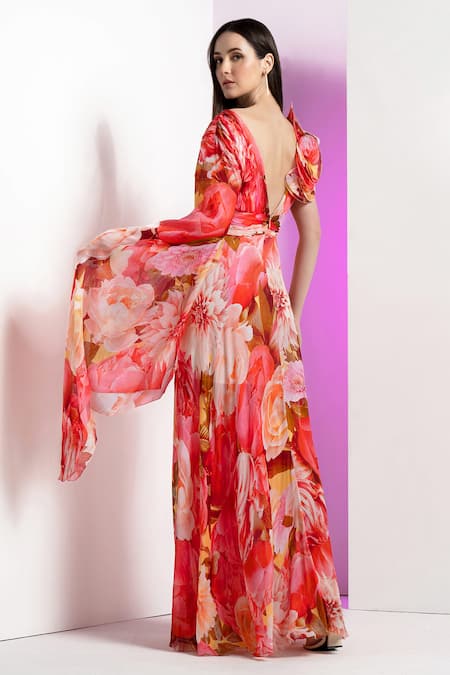 Mandira Wirk Resort Peony Corsage Print High Slit Dress 