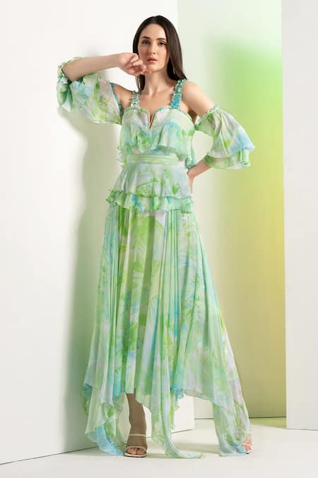 Mandira Wirk Green Chiffon Printed Abstract Sweetheart Raw Crytal Asymmetric Dress 