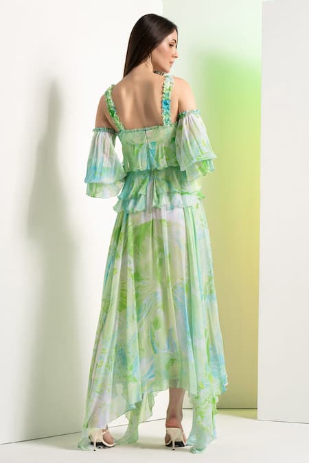 Mandira Wirk Resort Green Chiffon Ruffles Sweetheart Neck Raw Crytal Print Asymmetric Dress Online at Aza Fashions Mandira Wirk Resort_Green Chiffon Ruffles Sweetheart Neck Raw Crytal Print Asymmetric Dress _Online_at_Aza_Fashions