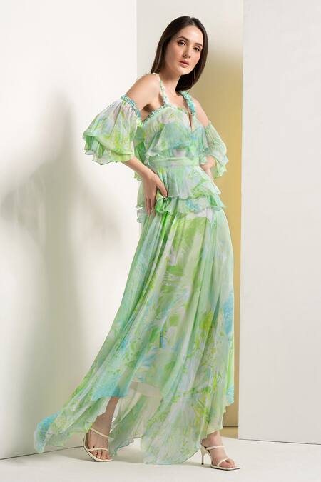 Buy Mandira Wirk Resort Green Chiffon Ruffles Sweetheart Neck Raw Crytal Print Asymmetric Dress Online at Aza Fashions Buy_Mandira Wirk Resort_Green Chiffon Ruffles Sweetheart Neck Raw Crytal Print Asymmetric Dress _Online_at_Aza_Fashions