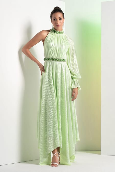 Mandira Wirk Green Shimmer Lycra Textured And Embroidered Pleated Metallic Asymmetric Dress